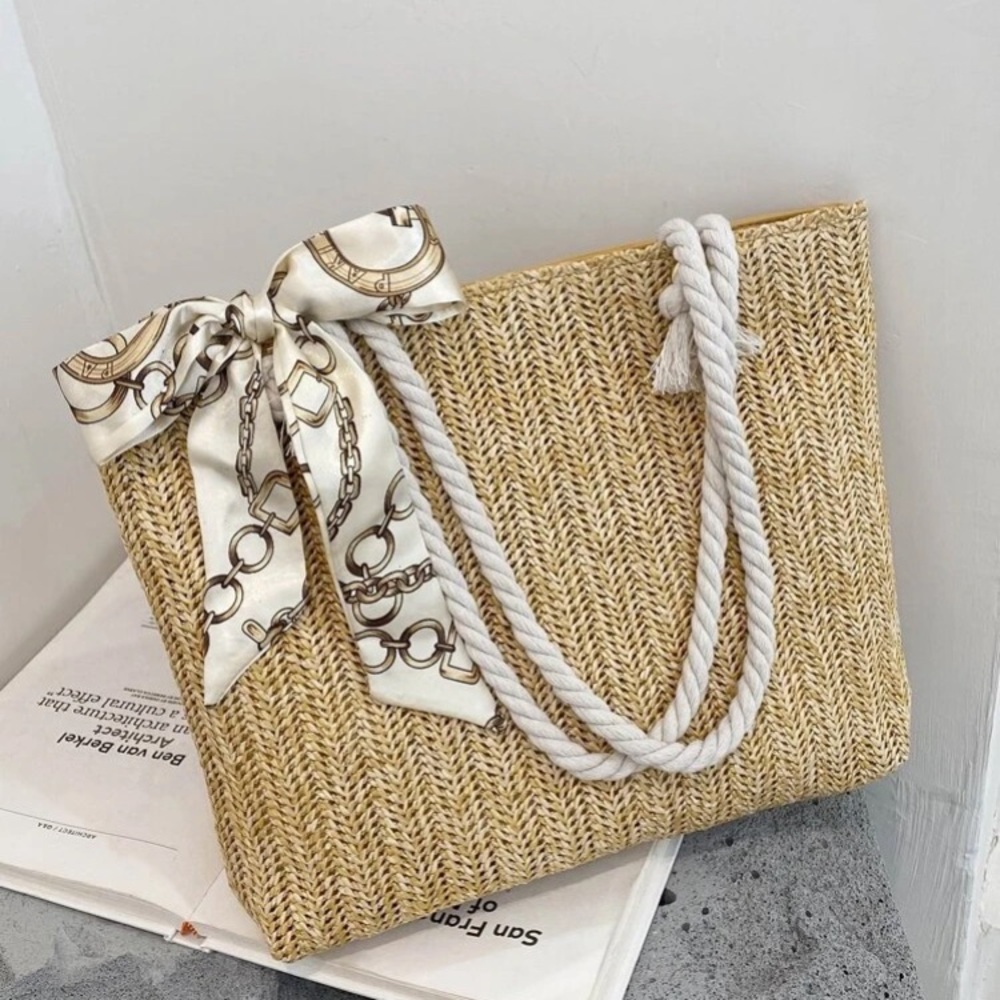 🔴 Straw Tote Bag with Scarf Bow - Picture 3 of 8